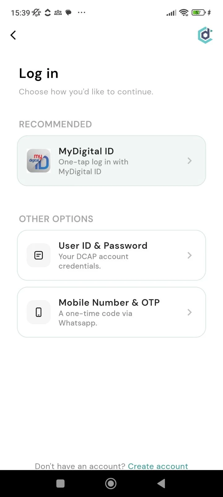 DCAP app — Login Screen